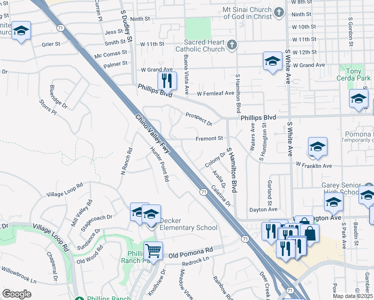map of restaurants, bars, coffee shops, grocery stores, and more near 1626 Calatina Drive in Pomona