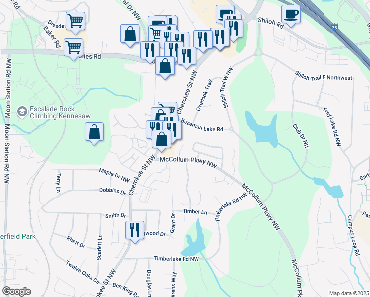 map of restaurants, bars, coffee shops, grocery stores, and more near 1455 Kennesaw Trace Court in Kennesaw