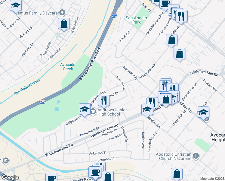 map of restaurants, bars, coffee shops, grocery stores, and more near 756 Vinemead Drive in Whittier