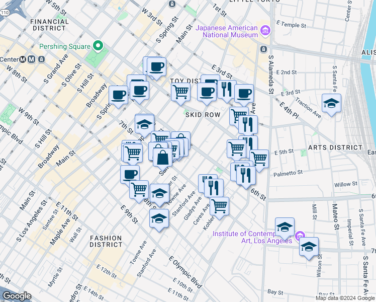 map of restaurants, bars, coffee shops, grocery stores, and more near 600 South San Pedro Street in Los Angeles
