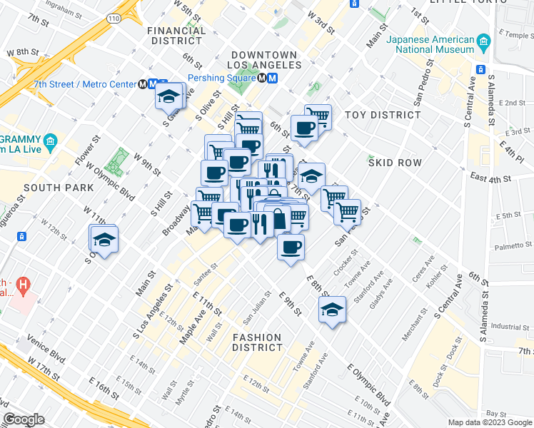 map of restaurants, bars, coffee shops, grocery stores, and more near 775 Maple Avenue in Los Angeles