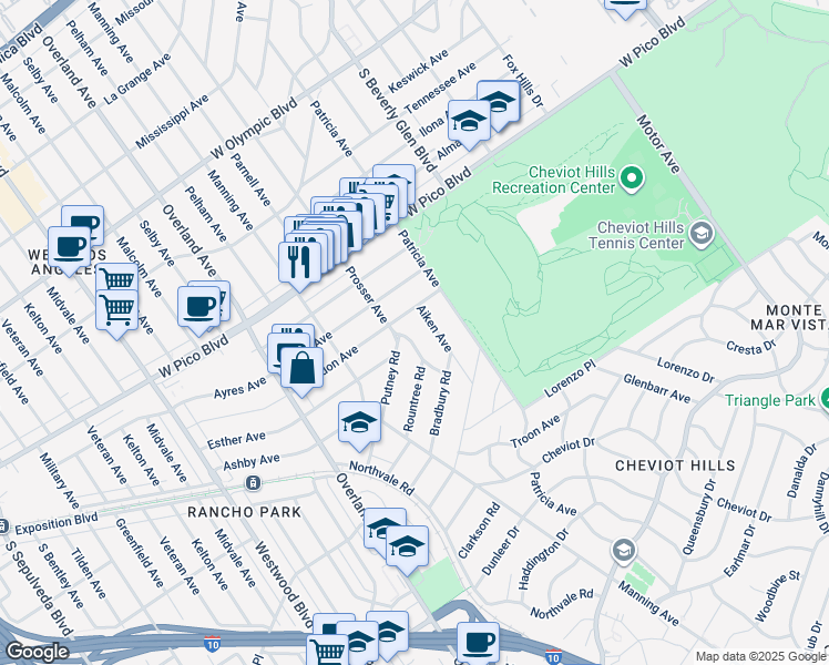 map of restaurants, bars, coffee shops, grocery stores, and more near 10532 Esther Avenue in Los Angeles