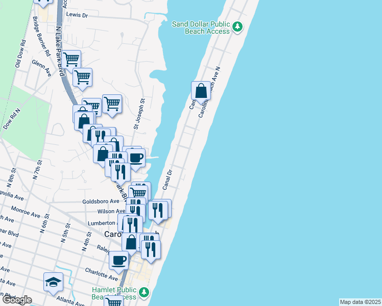 map of restaurants, bars, coffee shops, grocery stores, and more near 616 Carolina Beach Avenue North in Carolina Beach
