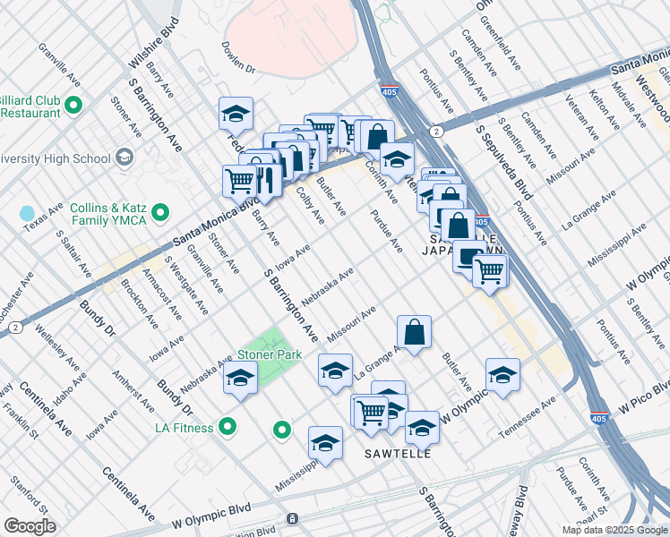 map of restaurants, bars, coffee shops, grocery stores, and more near 1742 Federal Avenue in Los Angeles