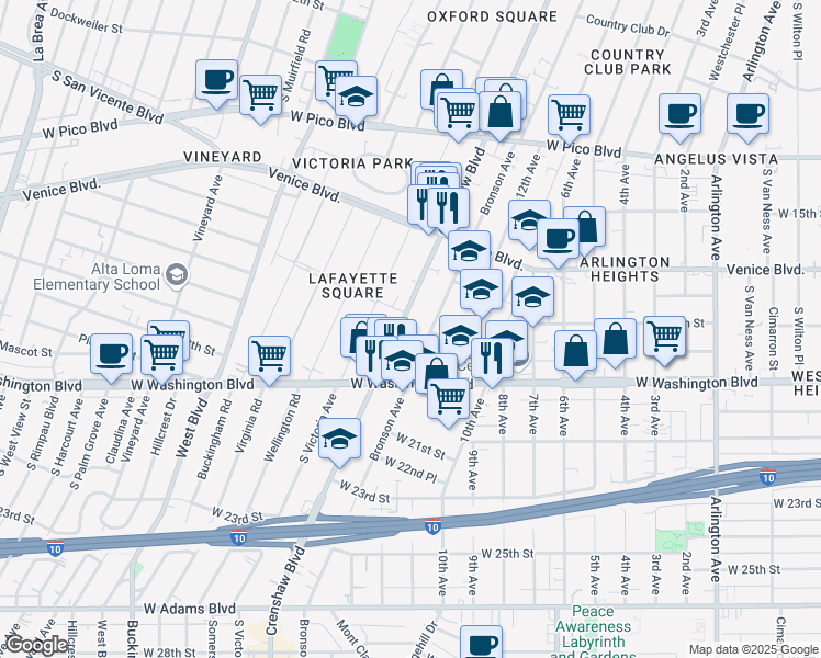 map of restaurants, bars, coffee shops, grocery stores, and more near 1816 South Bronson Avenue in Los Angeles