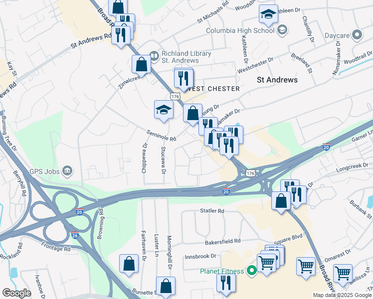 map of restaurants, bars, coffee shops, grocery stores, and more near 1105 Menlo Drive in Columbia