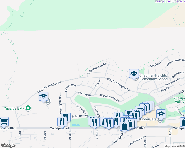 map of restaurants, bars, coffee shops, grocery stores, and more near 11717 Pactfield Place in Yucaipa