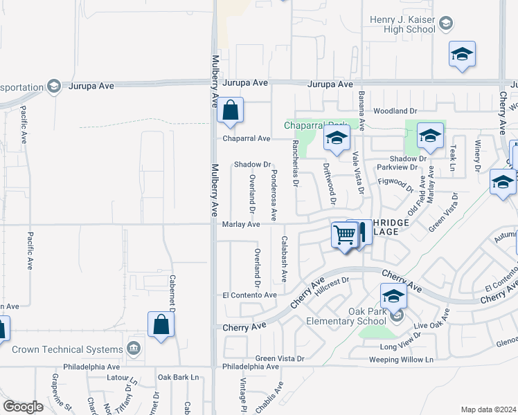 map of restaurants, bars, coffee shops, grocery stores, and more near 11655 Overland Drive in Fontana