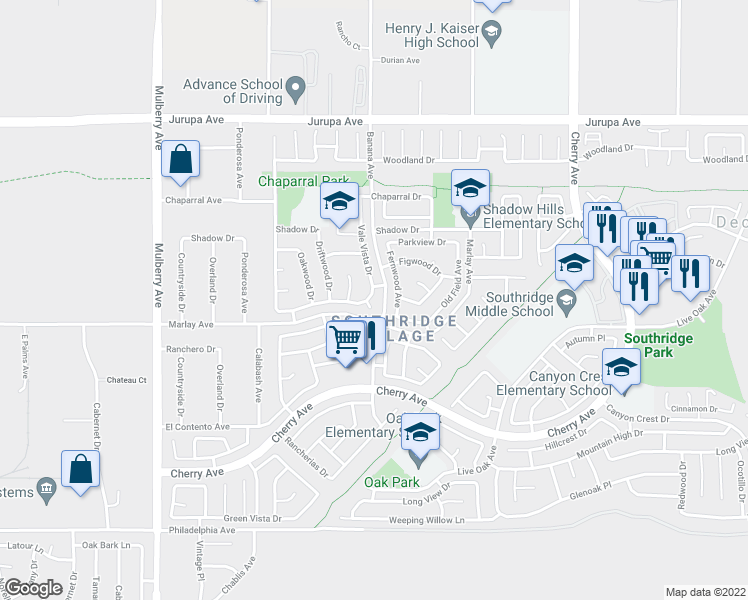 map of restaurants, bars, coffee shops, grocery stores, and more near 11655 Bananawood Court in Fontana