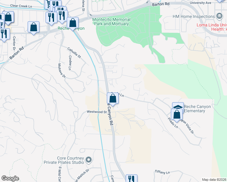map of restaurants, bars, coffee shops, grocery stores, and more near 23854 Prado Lane in Colton