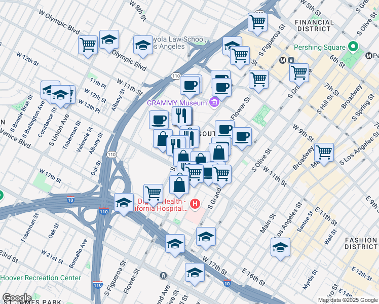 map of restaurants, bars, coffee shops, grocery stores, and more near 1200 South Figueroa Street in Los Angeles