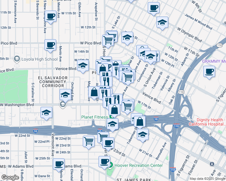 map of restaurants, bars, coffee shops, grocery stores, and more near 1800 South Bonnie Brae Street in Los Angeles