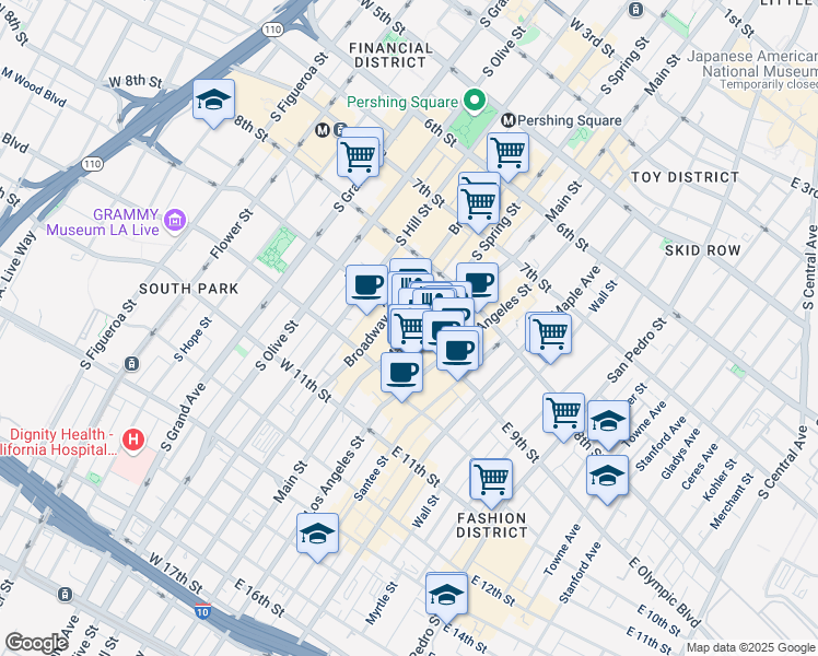 map of restaurants, bars, coffee shops, grocery stores, and more near 112 West 9th Street in Los Angeles