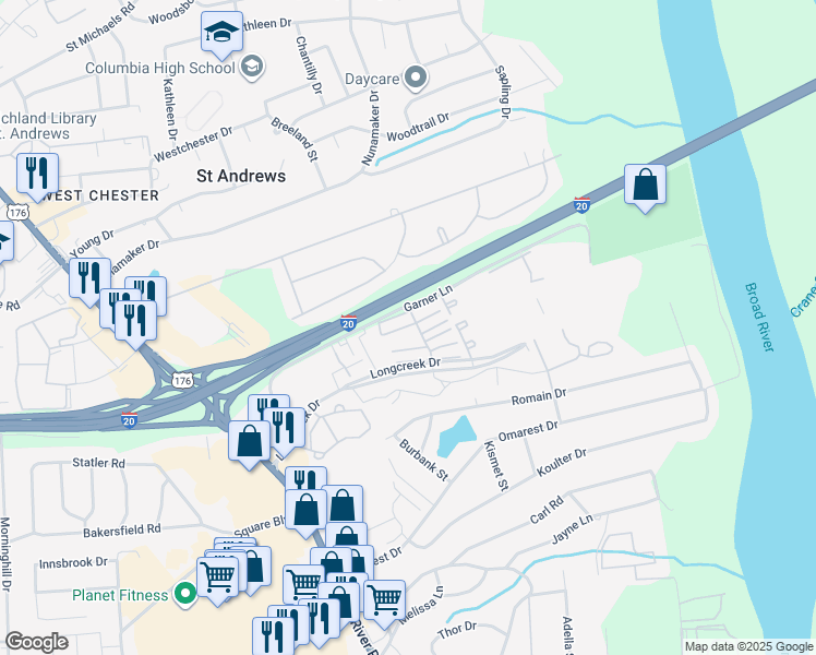 map of restaurants, bars, coffee shops, grocery stores, and more near 1401 Longcreek Drive in Columbia