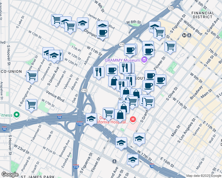 map of restaurants, bars, coffee shops, grocery stores, and more near 1201 South Figueroa Street in Los Angeles