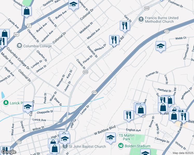 map of restaurants, bars, coffee shops, grocery stores, and more near 162 Burton Heights Circle in Columbia