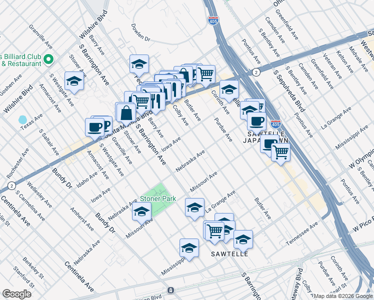 map of restaurants, bars, coffee shops, grocery stores, and more near 1731 Federal Avenue in Los Angeles