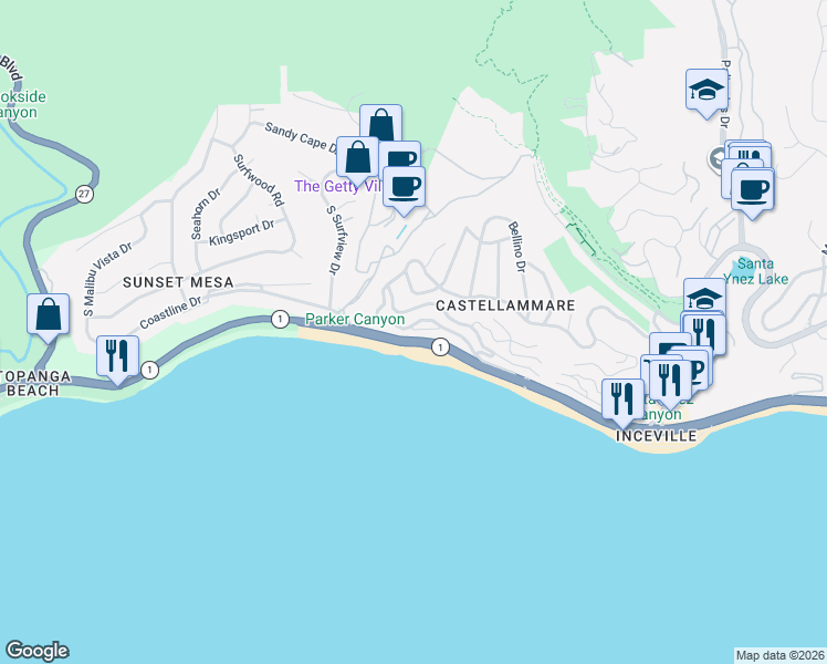 map of restaurants, bars, coffee shops, grocery stores, and more near 17860 Lecco Lane in Los Angeles
