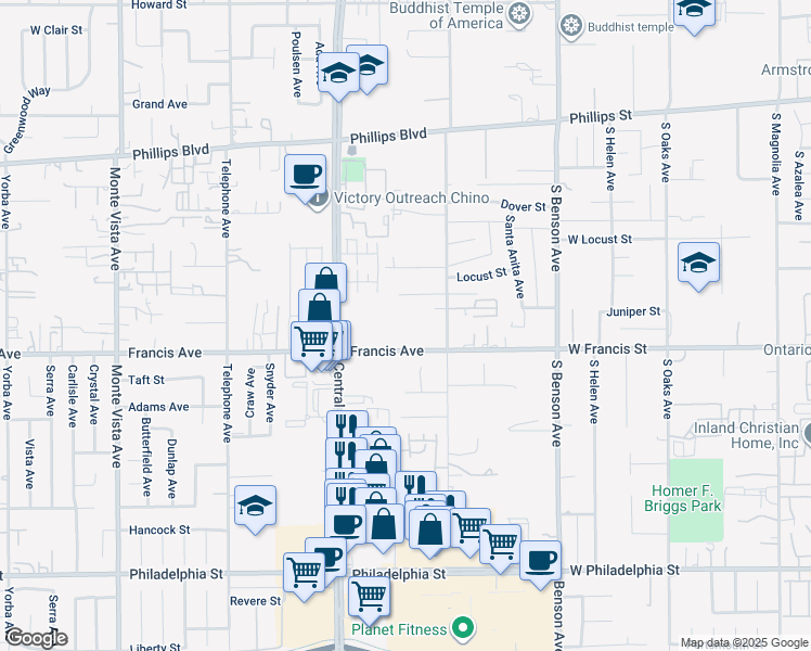 map of restaurants, bars, coffee shops, grocery stores, and more near in Glendora
