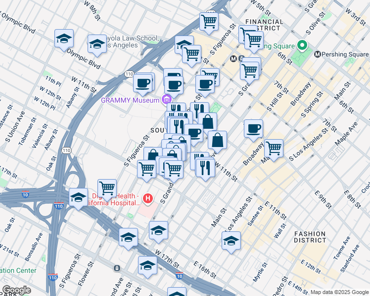 map of restaurants, bars, coffee shops, grocery stores, and more near 1100 South Hope Street in Los Angeles