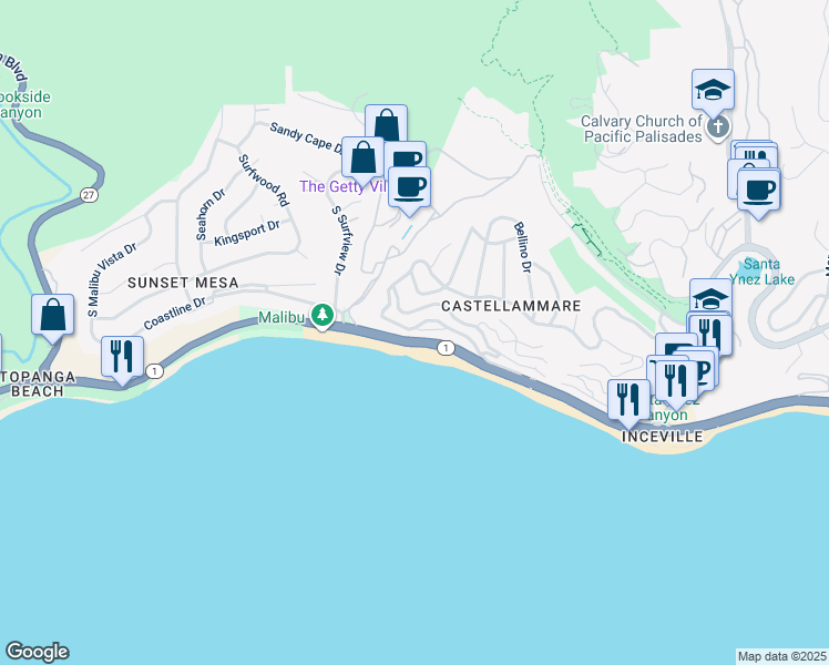 map of restaurants, bars, coffee shops, grocery stores, and more near 17900 Porto Marina Way in Los Angeles