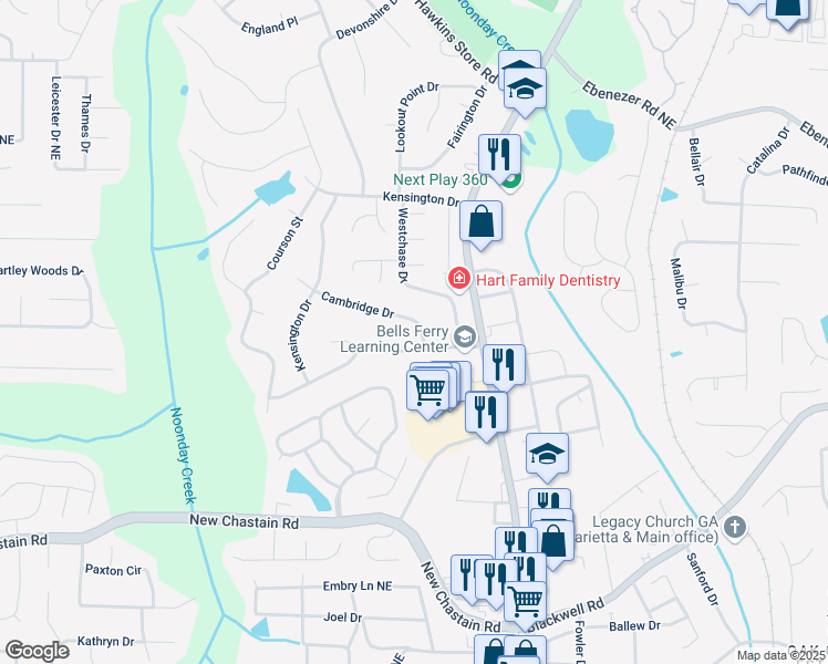 map of restaurants, bars, coffee shops, grocery stores, and more near 644 Cambridge Drive in Marietta