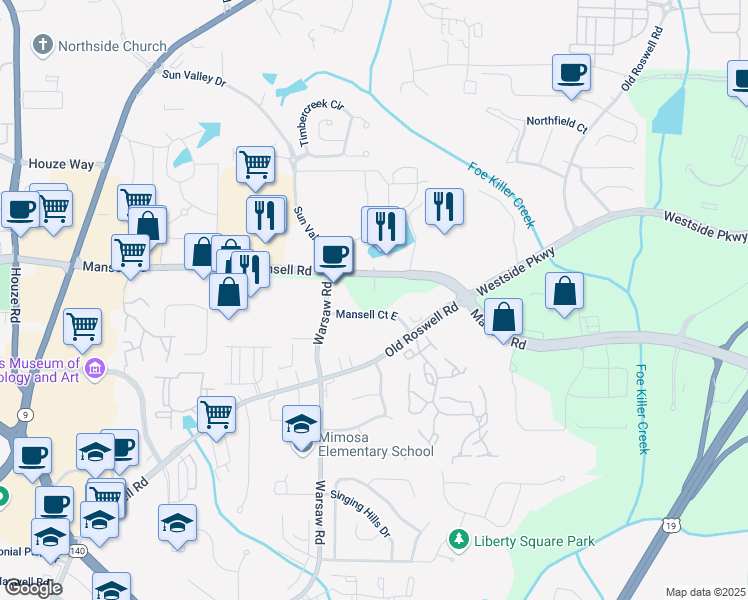 map of restaurants, bars, coffee shops, grocery stores, and more near 100 Mansell Court East in Roswell