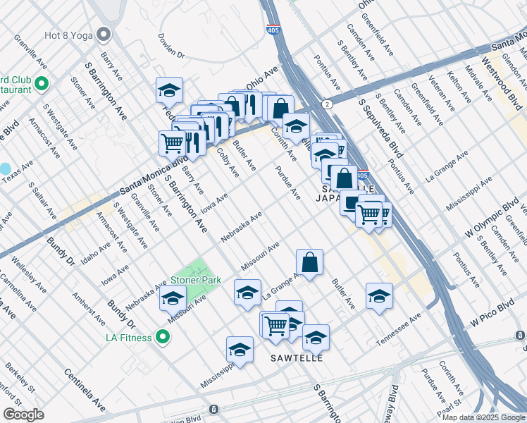 map of restaurants, bars, coffee shops, grocery stores, and more near Nebraska Avenue & Colby Avenue in Los Angeles