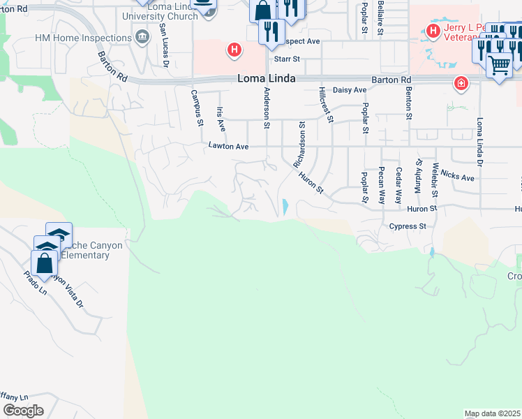 map of restaurants, bars, coffee shops, grocery stores, and more near 11661 Anderson Street in Loma Linda