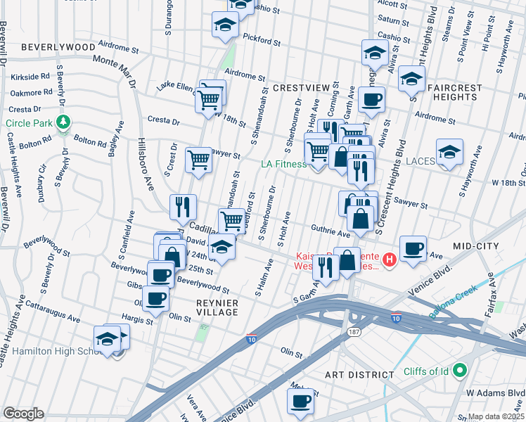 map of restaurants, bars, coffee shops, grocery stores, and more near 2015 South Sherbourne Drive in Los Angeles
