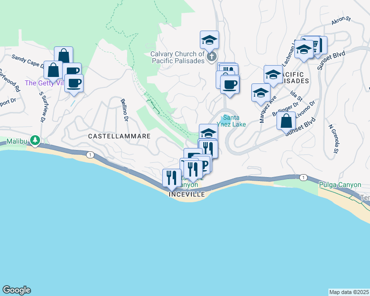 map of restaurants, bars, coffee shops, grocery stores, and more near 17335 Tramonto Drive in Los Angeles