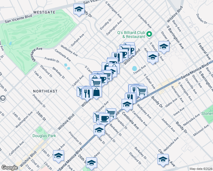 map of restaurants, bars, coffee shops, grocery stores, and more near 12400 Wilshire Boulevard in Los Angeles