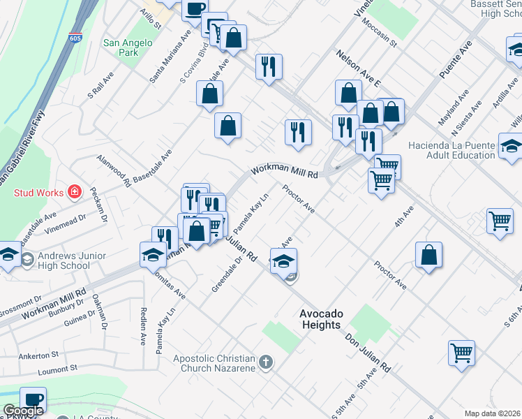 map of restaurants, bars, coffee shops, grocery stores, and more near 402 Greendale Drive in La Puente
