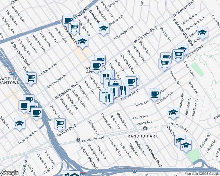 map of restaurants, bars, coffee shops, grocery stores, and more near 2336 Westwood Boulevard in Los Angeles