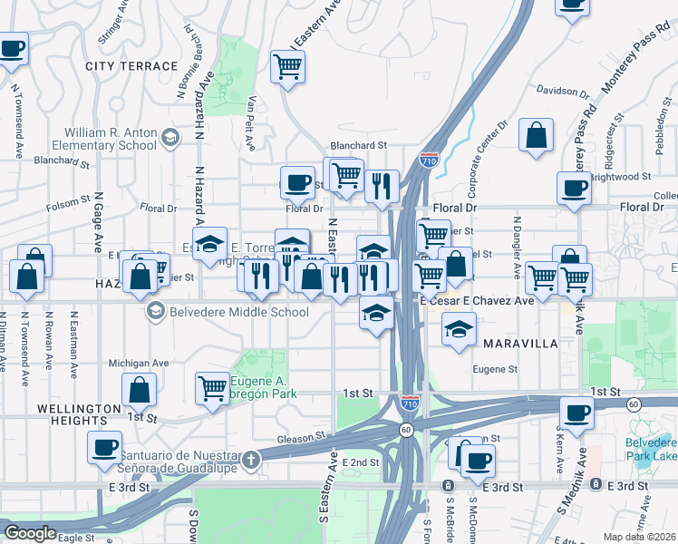 map of restaurants, bars, coffee shops, grocery stores, and more near 4307 Dozier Street in East Los Angeles