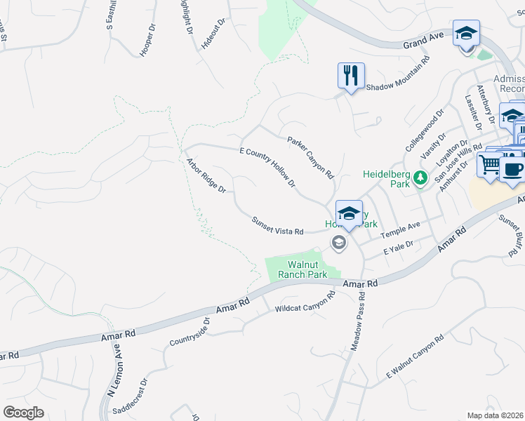 map of restaurants, bars, coffee shops, grocery stores, and more near 19889 Sunset Vista Road in Walnut