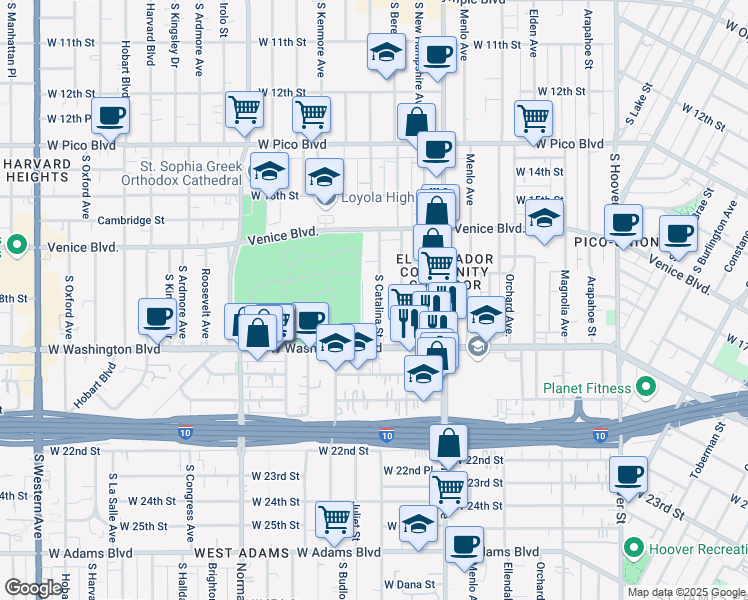 map of restaurants, bars, coffee shops, grocery stores, and more near 1811 South Catalina Street in Los Angeles