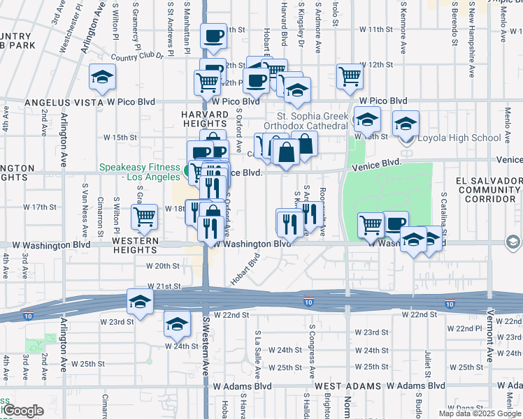 map of restaurants, bars, coffee shops, grocery stores, and more near 1810 South Hobart Boulevard in Los Angeles