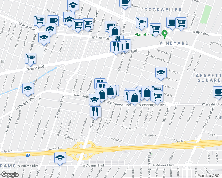 map of restaurants, bars, coffee shops, grocery stores, and more near 4854 Mascot Street in Los Angeles