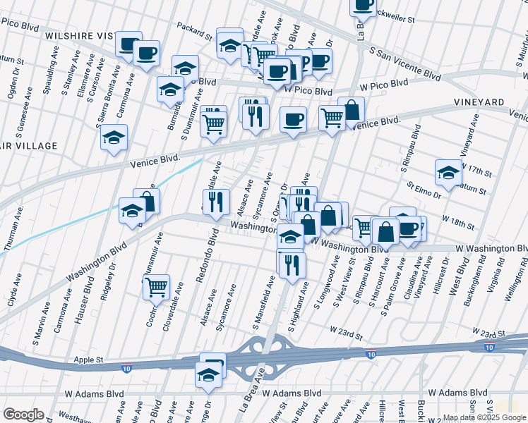 map of restaurants, bars, coffee shops, grocery stores, and more near 5057 Washington Boulevard in Los Angeles