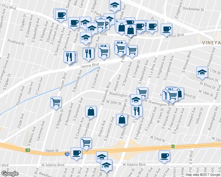 map of restaurants, bars, coffee shops, grocery stores, and more near 5112 Washington Boulevard in Los Angeles