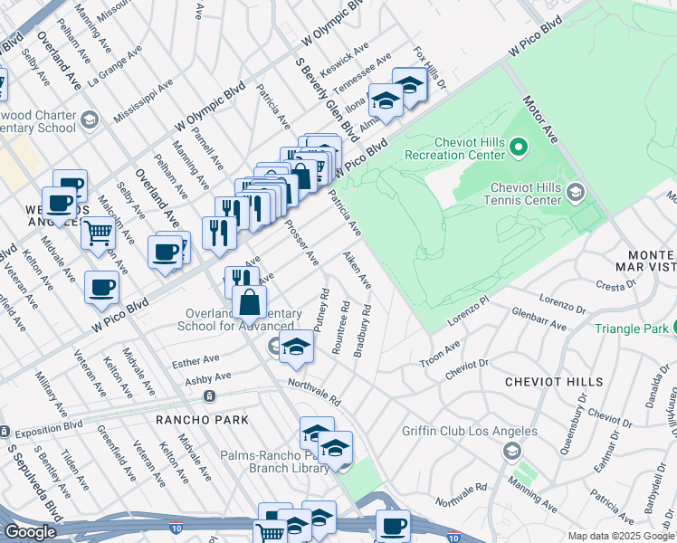 map of restaurants, bars, coffee shops, grocery stores, and more near 10532 Esther Avenue in Los Angeles