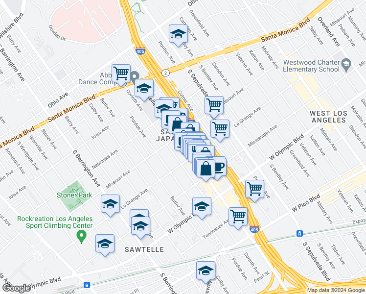 map of restaurants, bars, coffee shops, grocery stores, and more near 1947 Sawtelle Boulevard in Los Angeles