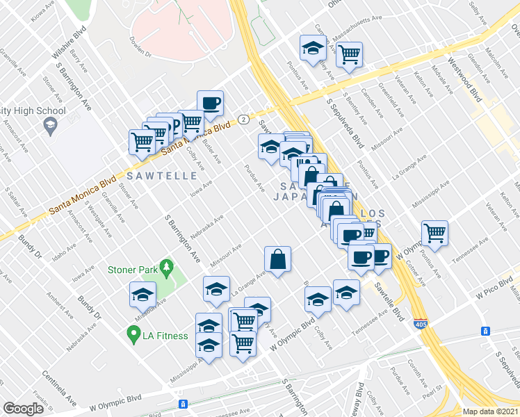 map of restaurants, bars, coffee shops, grocery stores, and more near in Los Angeles