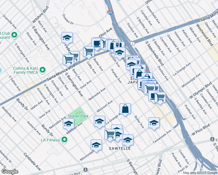 map of restaurants, bars, coffee shops, grocery stores, and more near 1830 Colby Avenue in Los Angeles