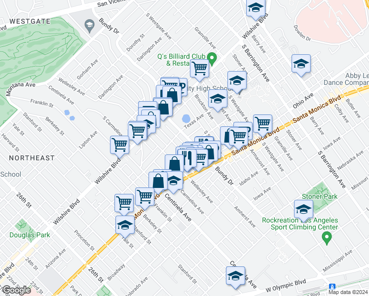 map of restaurants, bars, coffee shops, grocery stores, and more near 1408 Amherst Avenue in Los Angeles