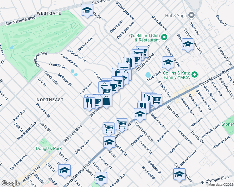 map of restaurants, bars, coffee shops, grocery stores, and more near 1245 McClellan Drive in Los Angeles