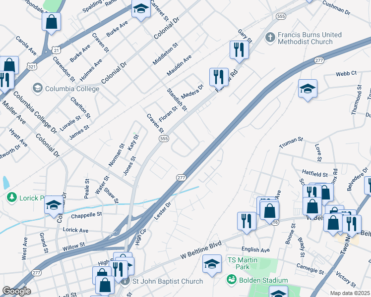 map of restaurants, bars, coffee shops, grocery stores, and more near 162 Burton Heights Circle in Columbia