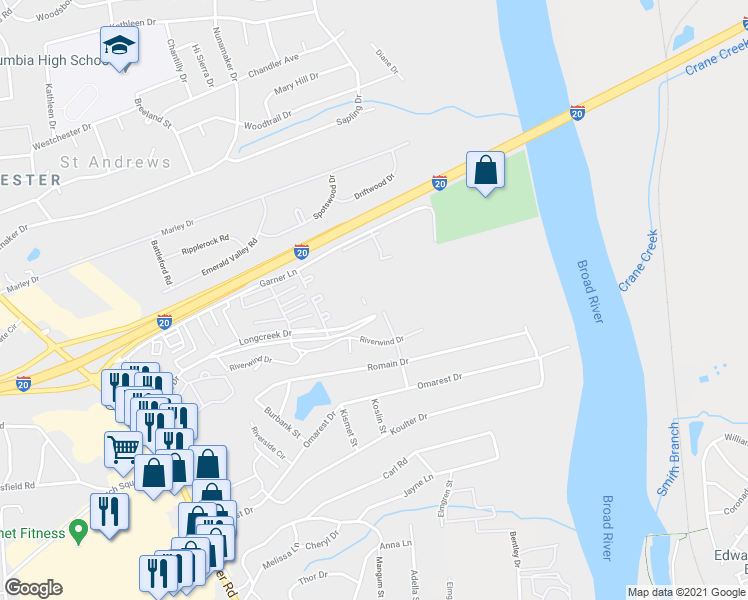 map of restaurants, bars, coffee shops, grocery stores, and more near NX1629 Longcreek Drive in Saint Andrews