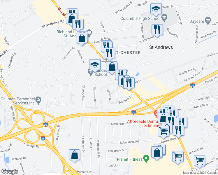 map of restaurants, bars, coffee shops, grocery stores, and more near 222 Old Manor Road in Columbia